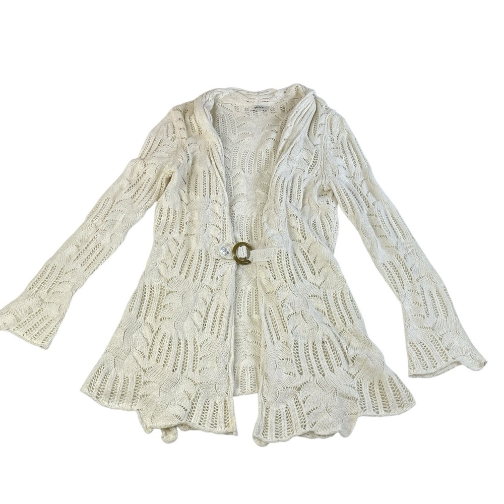 Tyler Boe Cream Open Knit Cardigan Boho Coastal Grandma Belted Sweater Size M